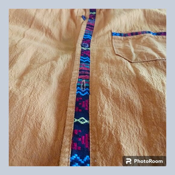 Mustard Yellow Guayabera Latin Mexican Spanish Medium Summer Linen Button Shirt - Picture 4 of 4